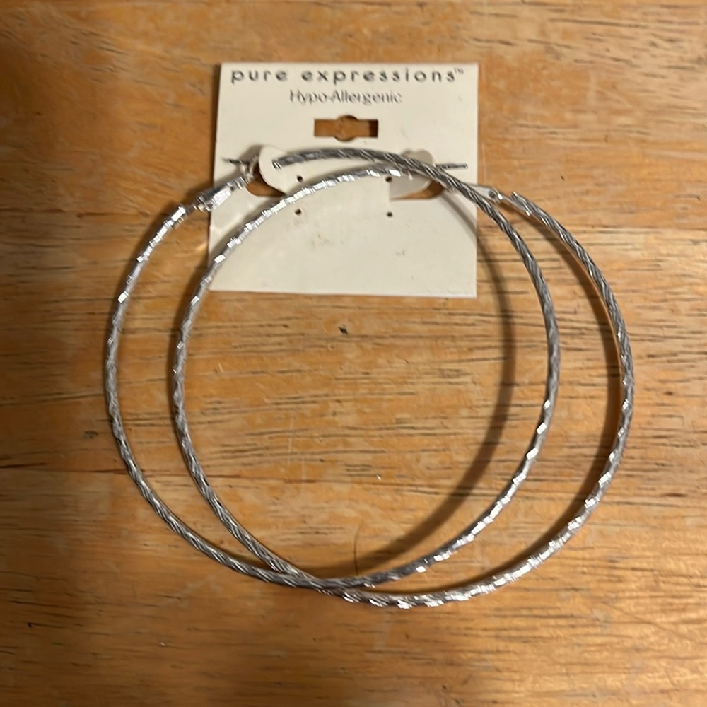 Large silver tone hoop pierced earrings, new on card, Pure Expressions